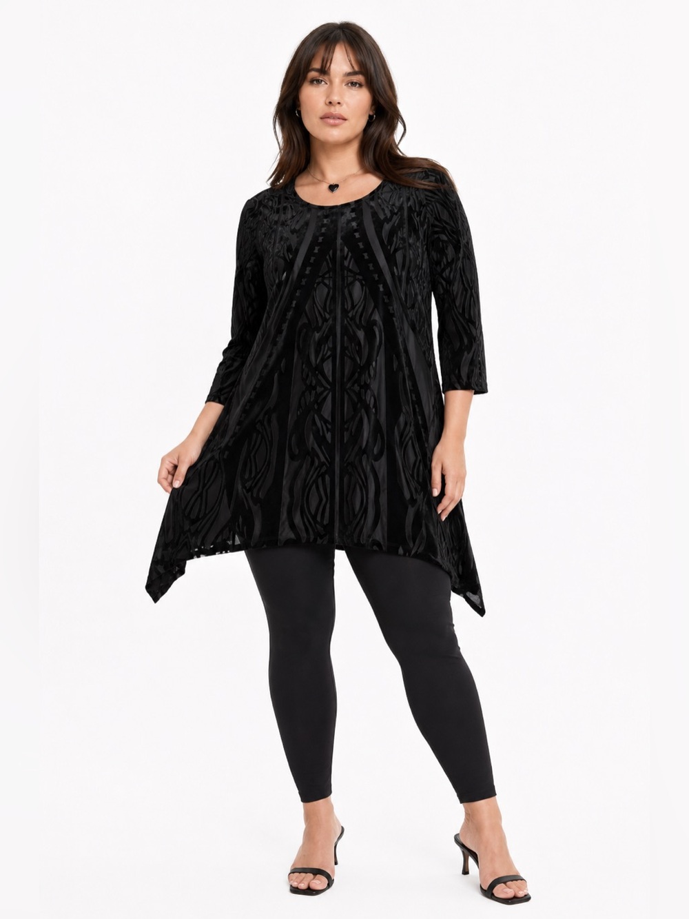 90s/Y2K Vintage Velour Filigree Brocade Shark Hem Tunic Top (Black) Size Large
